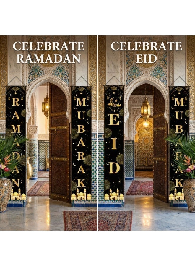 3 PCS Ramadan Kareem & Eid Mubarak Porch Banner Set, Vertical Hanging Door Sign, Islamic Party Decoration, Large Polyester Couplet for Outdoor Indoor Front Door Wall Home Decor (Black & Gold, 180 x 30 cm / 6 ft) - Image 4
